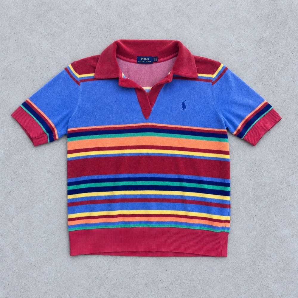Polo Ralph Lauren Terry Cloth Stripe V-Neck Polo Shirt Multi-Color Small